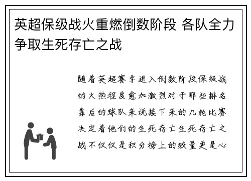 英超保级战火重燃倒数阶段 各队全力争取生死存亡之战