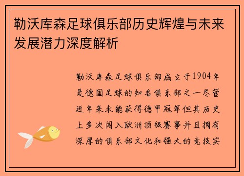勒沃库森足球俱乐部历史辉煌与未来发展潜力深度解析