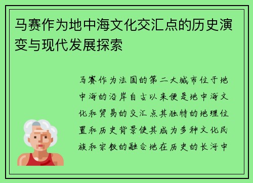 马赛作为地中海文化交汇点的历史演变与现代发展探索