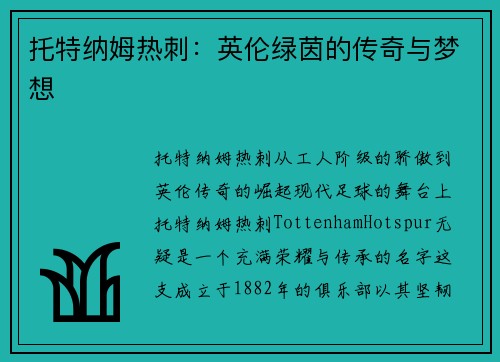 托特纳姆热刺：英伦绿茵的传奇与梦想