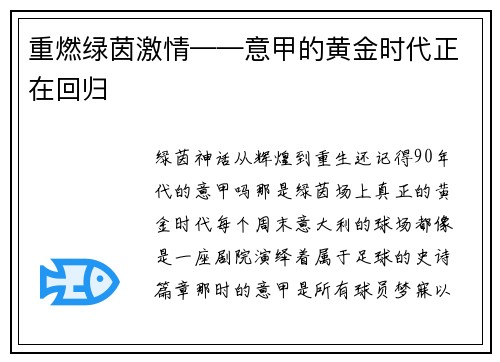 重燃绿茵激情——意甲的黄金时代正在回归
